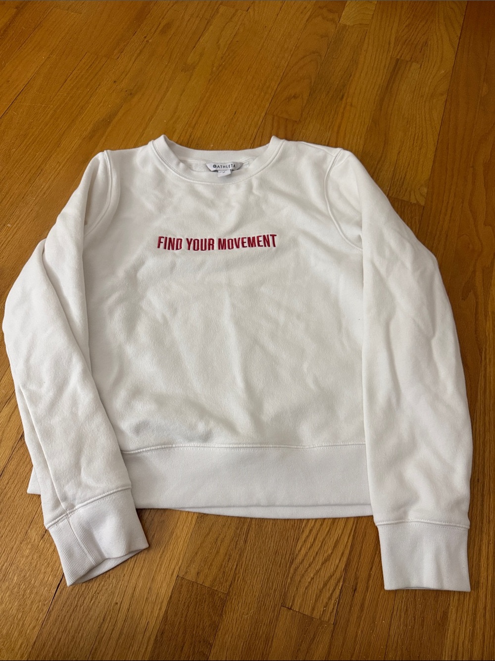 Athleta White Crewneck Sweatshirt with Red 'Find Your Movement' Text